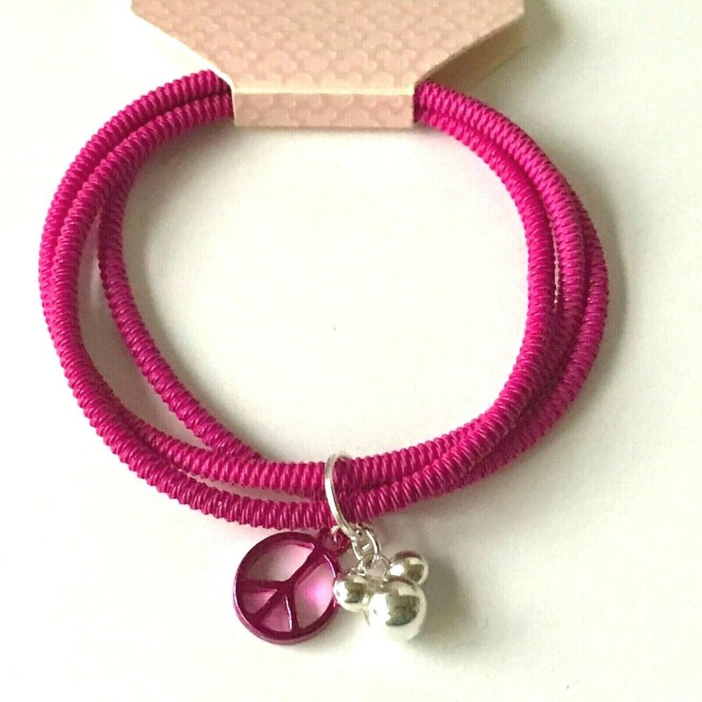 Disney Parks Mickey Mouse Peace Sign Stretch Bracelet Rope Pink Purple Disneyana